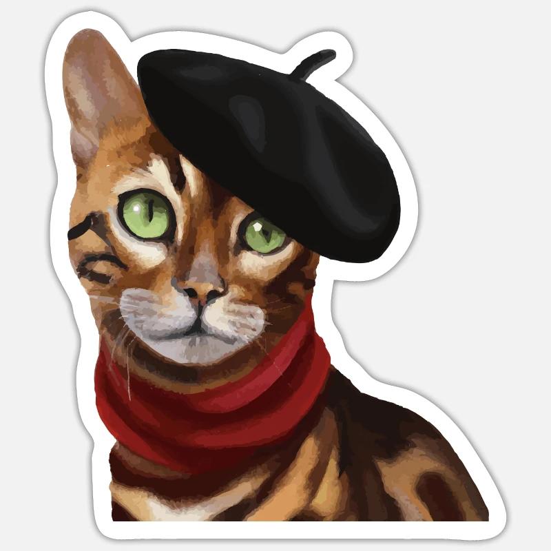 Chat Bengale avec casquette et écharpe - Sticker taille S (10 x 10 cm) - blanc mat