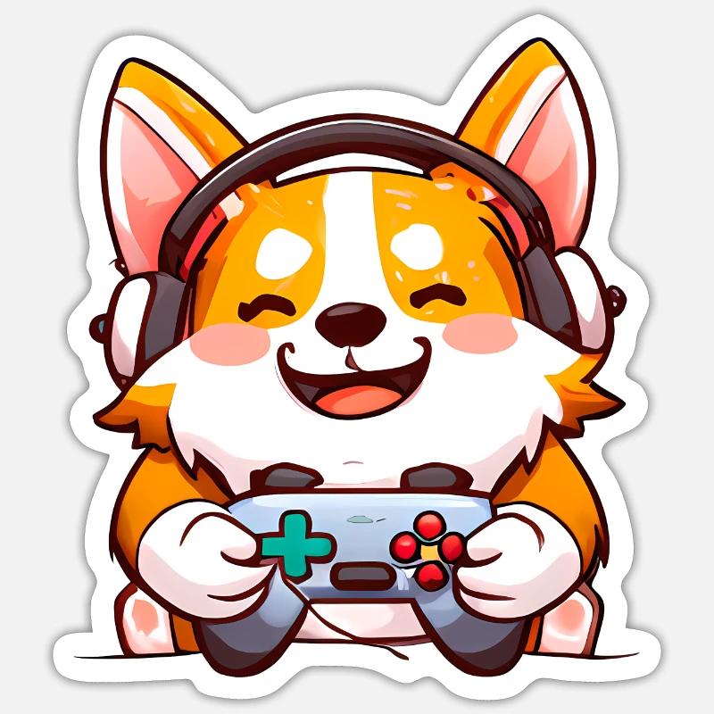 00239 Corgi mit Kopfhörer und Controller Sticker Größe S (10 x 10 cm)