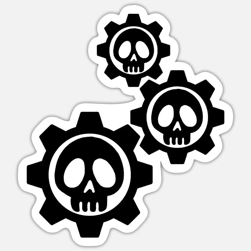 Crânes et engrenages noirs - Sticker taille S (10 x 10 cm) - blanc mat