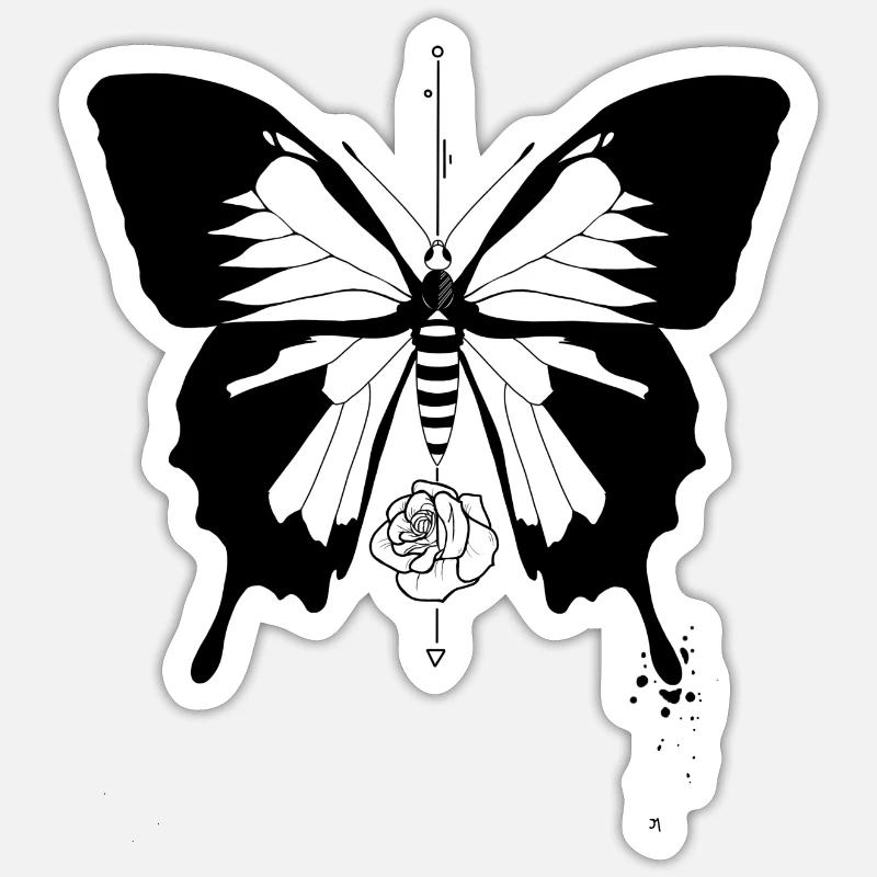 Papillon à la rose - Sticker taille S (10 x 10 cm) - blanc mat