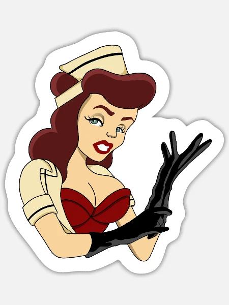 Pinup-Krankenschwester mit schwarzen Handschuhen - Sticker Größe S (10 x 10 cm) - Mattweiß