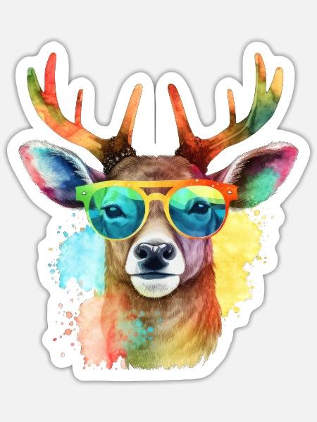 Bunter cooler Hirsch mit Sonnenbrille - Sticker Größe S (10 x 10 cm) - Mattweiß