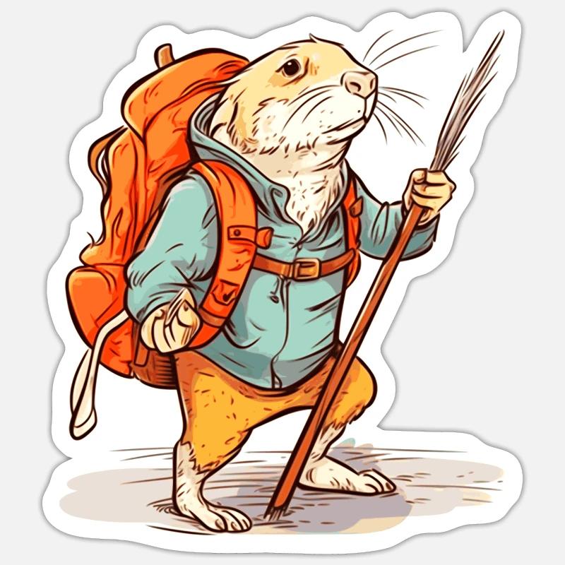 Mole rat as a hiker with stick and backpack Sticker size S (10 x 10 cm)