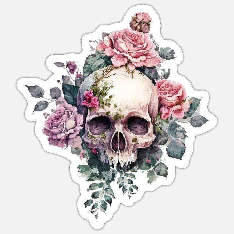 Crâne avec des roses - Sticker taille S (10 x 10 cm) - blanc mat