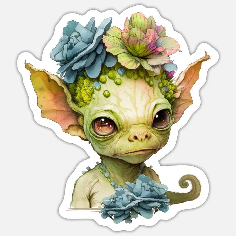 Mignon extraterrestre avec des fleurs Sticker taille S (10 x 10 cm)