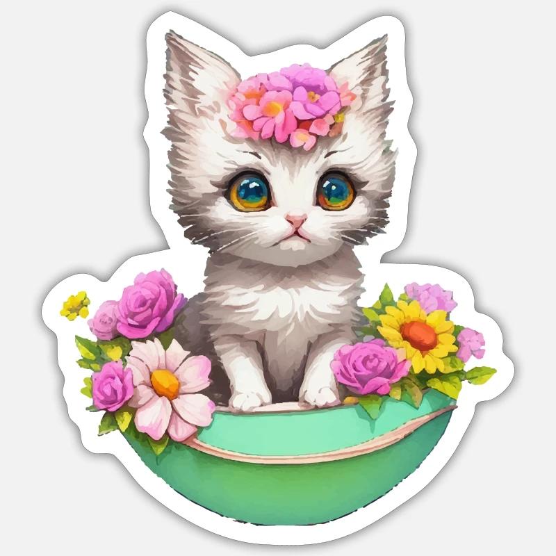 Un chat effronté dans une frénésie de fleurs - Sticker taille S (10 x 10 cm) - blanc mat