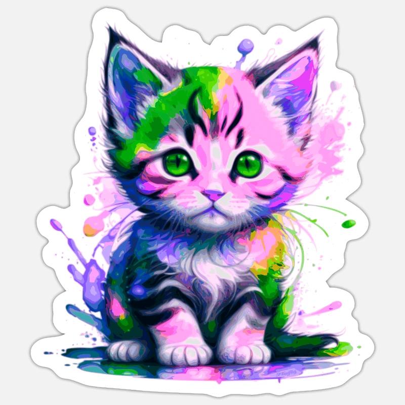 Chaton rose-vert - Sticker taille S (10 x 10 cm) - blanc mat