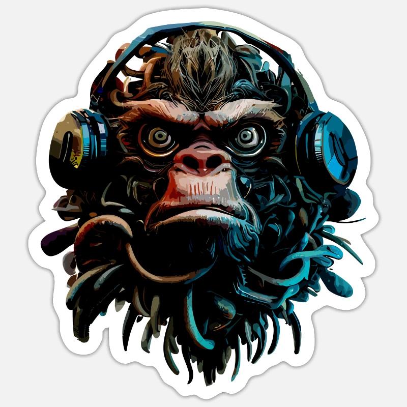 Singe avec casque - Sticker taille S (10 x 10 cm) - blanc mat