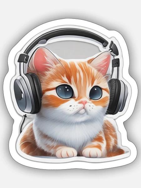 Little cat wearing headphones music Katze Headset - Sticker Größe S (10 x 10 cm) - Mattweiß