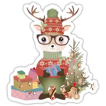 Hirsch mit Weihnachtsgeschenke,Brille und Mütze - Sticker Größe S (10 x 10 cm) - Mattweiß - Vorne
