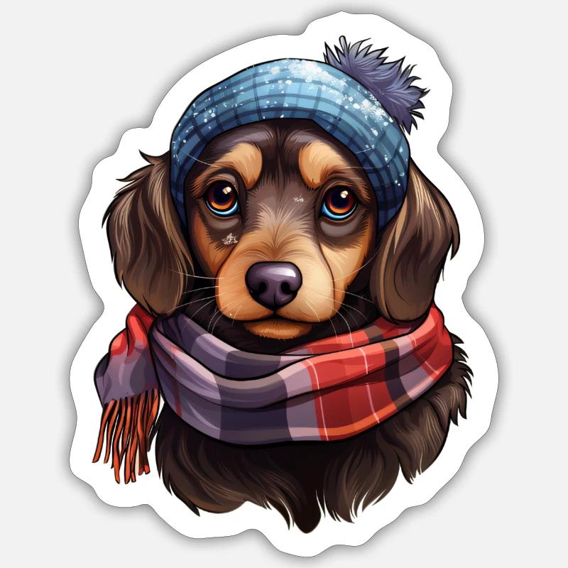 Teckel Teckel en hiver - Sticker taille S (10 x 10 cm) - blanc mat