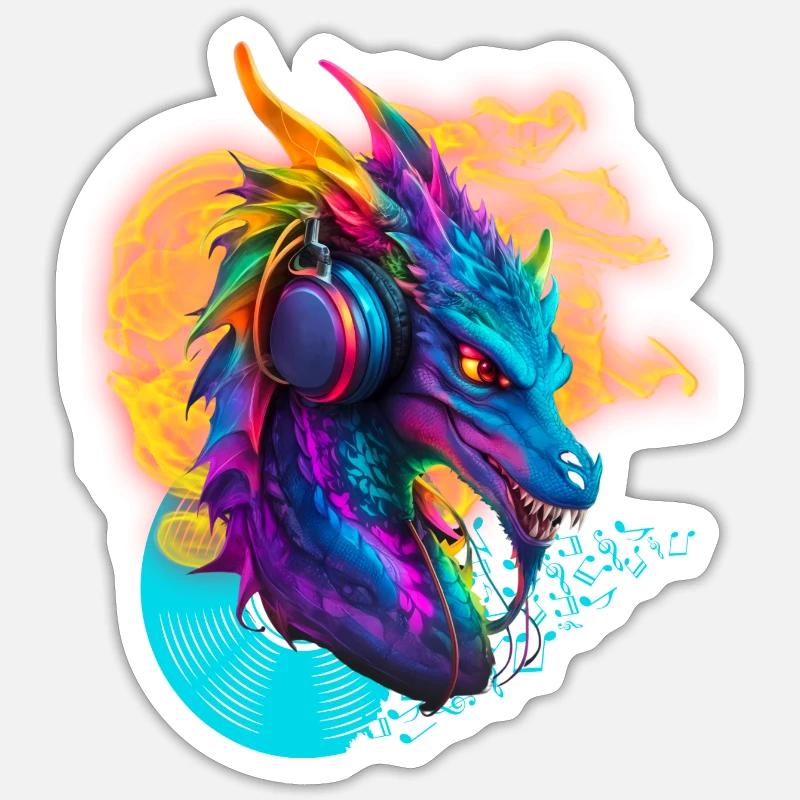 Notes de DJ Dragon avec Headphone Fire Vinylrecord - Sticker taille S (10 x 10 cm) - blanc mat