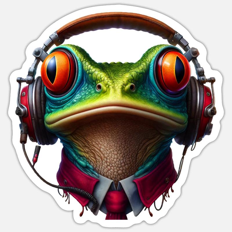 Frosch mit Kopfhörer und Krawatte - Sticker Größe S (10 x 10 cm) - Mattweiß