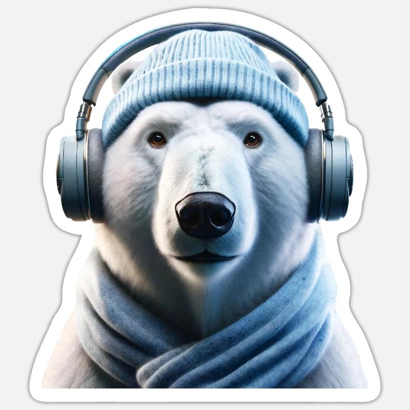 Eisbär mit Kopfhörer und Schal - Sticker Größe S (10 x 10 cm) - Mattweiß