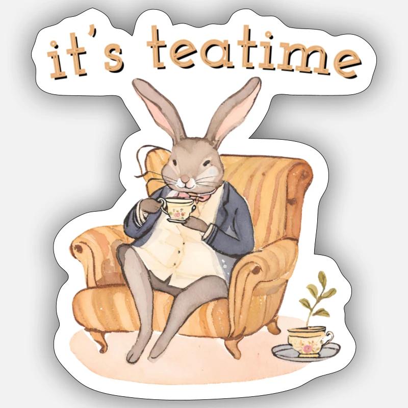 Lapin Hélène : Pause thé dans l’élégance - Sticker taille S (10 x 10 cm) - blanc mat