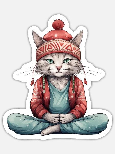 Yoga Shirt / Katze Lotussitz Illustration - Sticker Größe S (10 x 10 cm) - Mattweiß