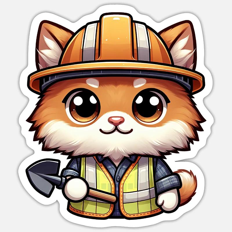 Cute Cat Construction Worker - Sticker Größe S (10 x 10 cm) - Mattweiß