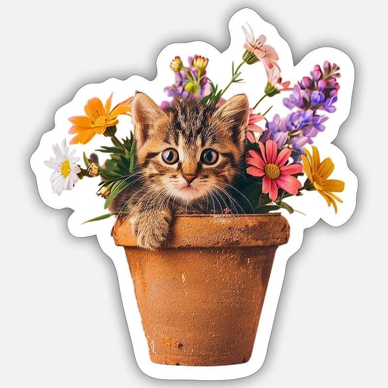 chaton pot de fleurs Sticker taille S (10 x 10 cm)