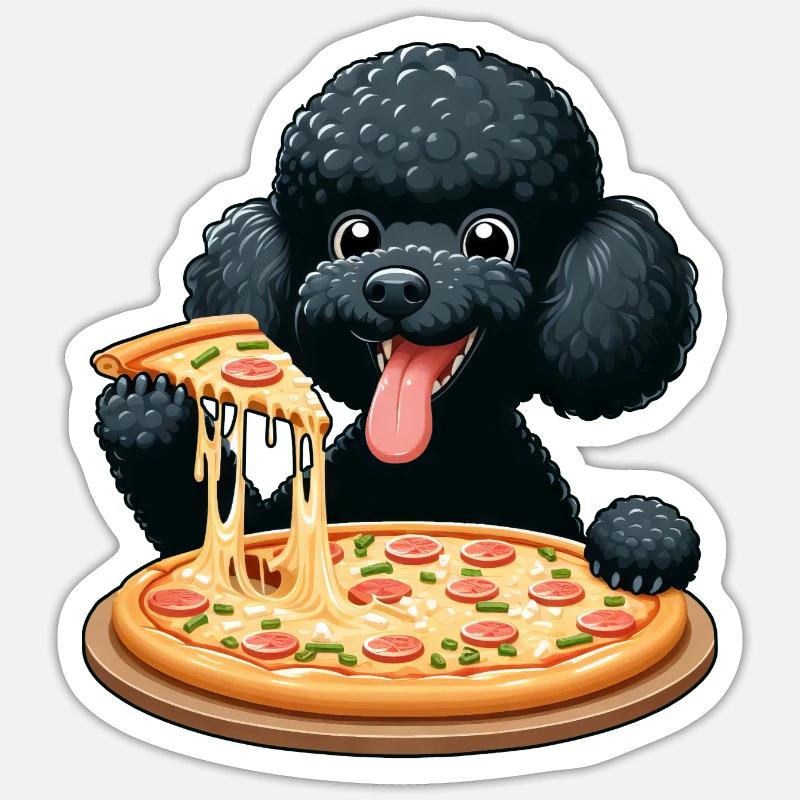 Comic Poodle with Pizza - Sticker size S (10 x 10 cm) - white matte