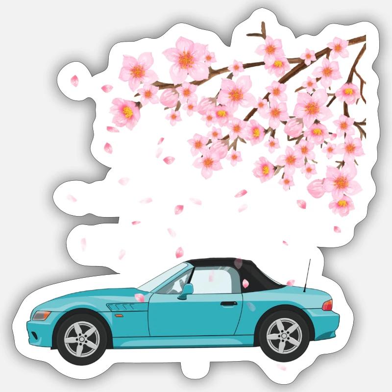 Auto mit Kirschblüten - Sticker Größe S (10 x 10 cm) - Mattweiß