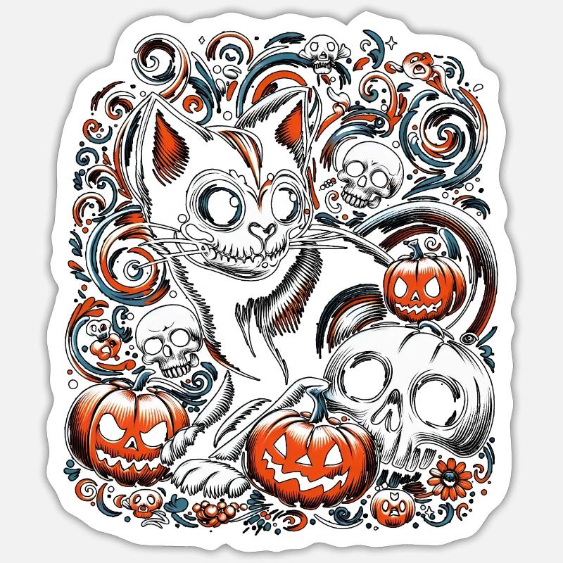 Spooky Cat with Skulls - Sticker size S (10 x 10 cm) - white matte