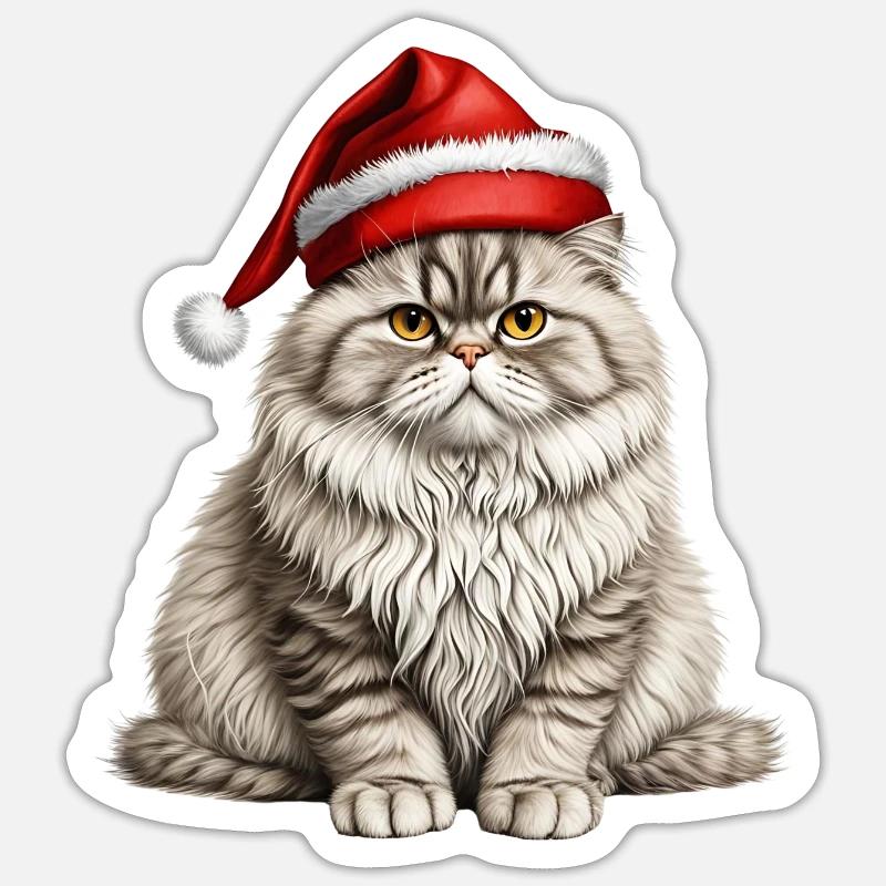 Chat persan de Noël - Sticker taille S (10 x 10 cm) - blanc mat