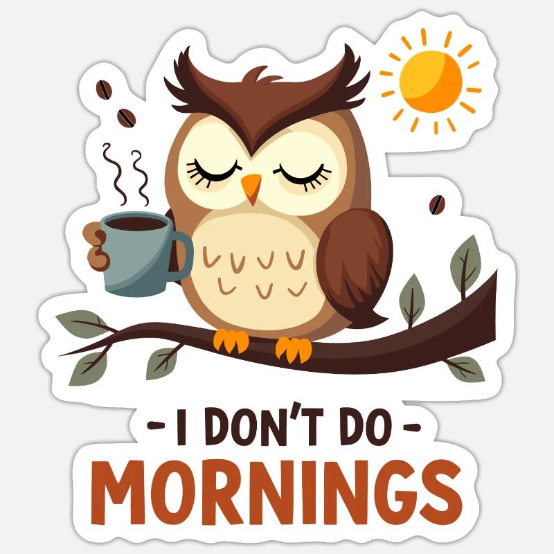 Müde Eule mit Kaffee – I Don't Do Mornings - Sticker Größe S (10 x 10 cm) - Mattweiß