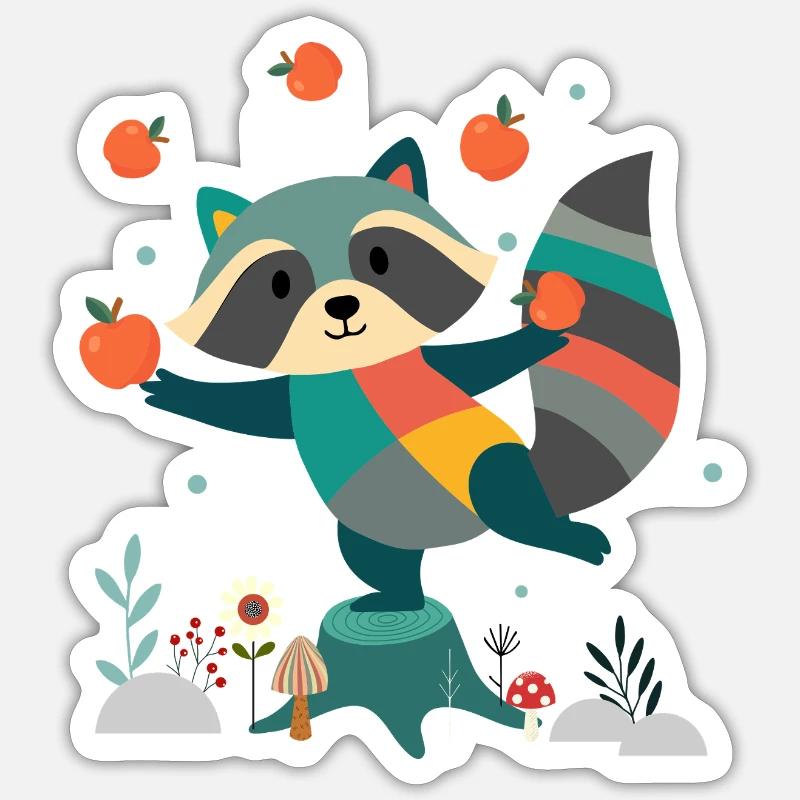 Verspielter Waschbär jongliert fröhlich mit Äpfeln - Sticker Größe S (10 x 10 cm) - Mattweiß