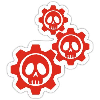 Rote Zahnräder und Schädel - Sticker Größe S (10 x 10 cm) - Mattweiß - Vorne
