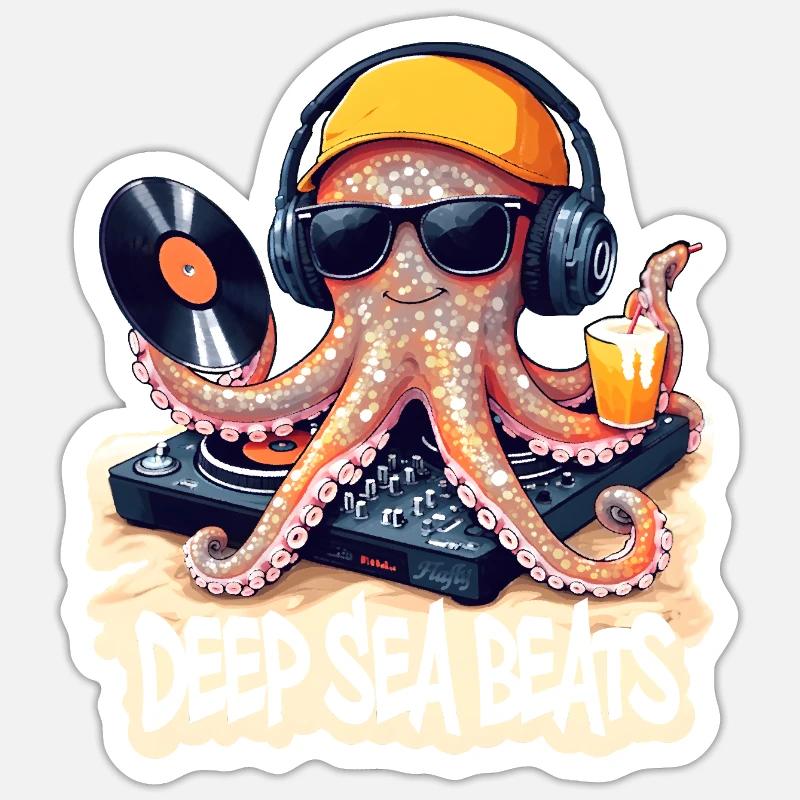 Deep Sea Beats – DJ Oktopus 🐙 - Sticker Größe S (10 x 10 cm) - Mattweiß