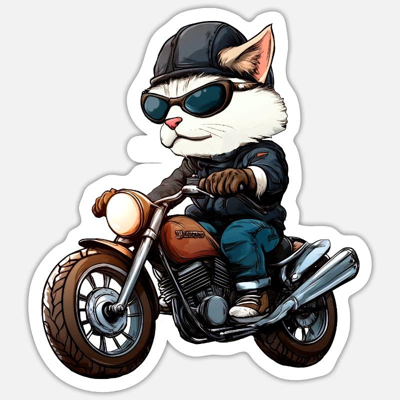 Motorradfahrer Katze - Sticker Größe S (10 x 10 cm) - Mattweiß