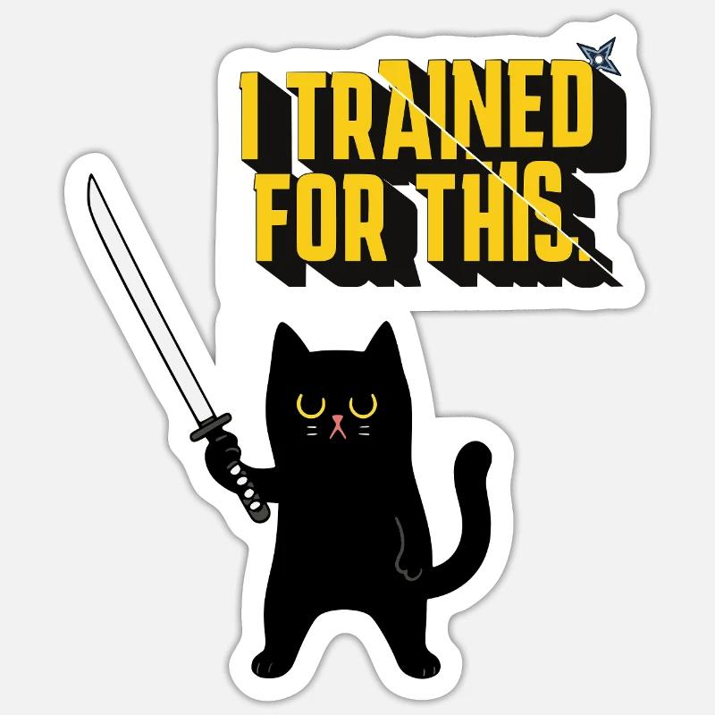 Chat guerrier avec épée de samouraï - Sticker taille S (10 x 10 cm) - blanc mat