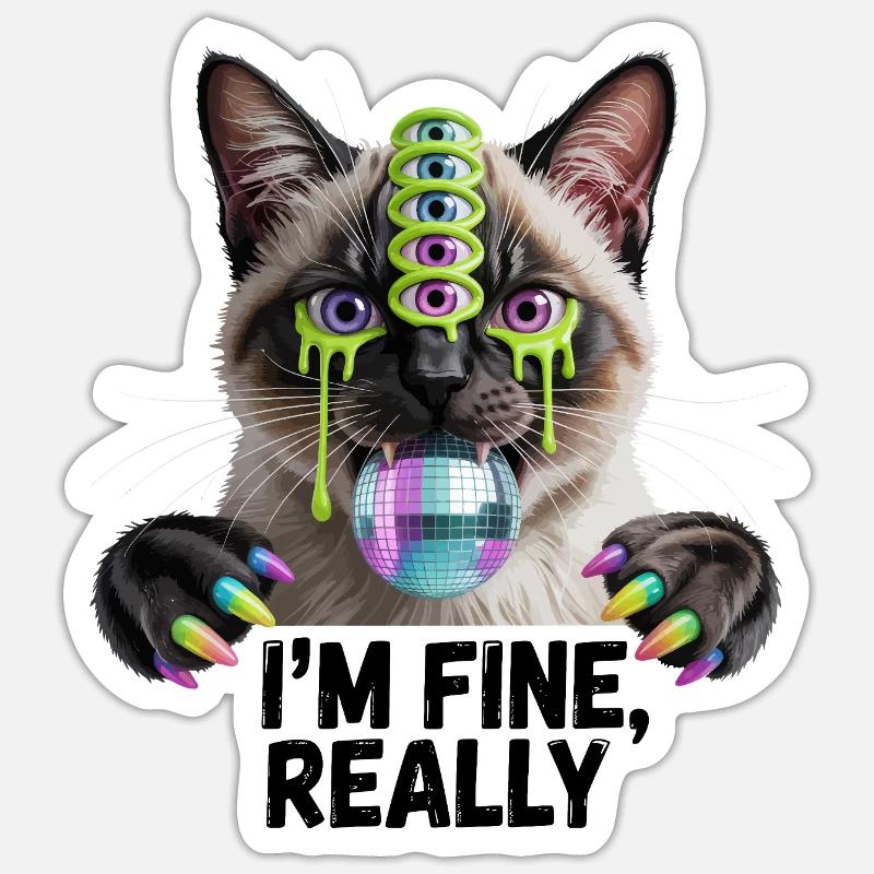 Neon Multi-Eyed Disco Cat - Sticker size S (10 x 10 cm) - white matte