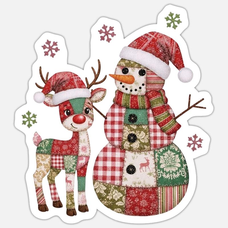Patchwork Schneemann und Rentier Sticker Größe S (10 x 10 cm)