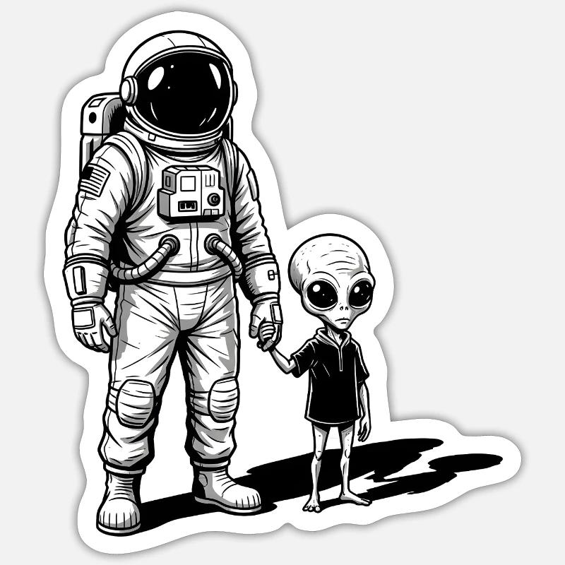 Astronaute et extraterrestre main dans la main Sticker taille S (10 x 10 cm)