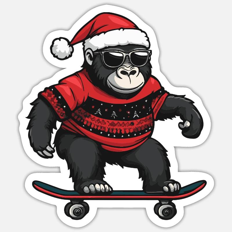 Gorille Noël drôle - Sticker taille S (10 x 10 cm) - blanc mat