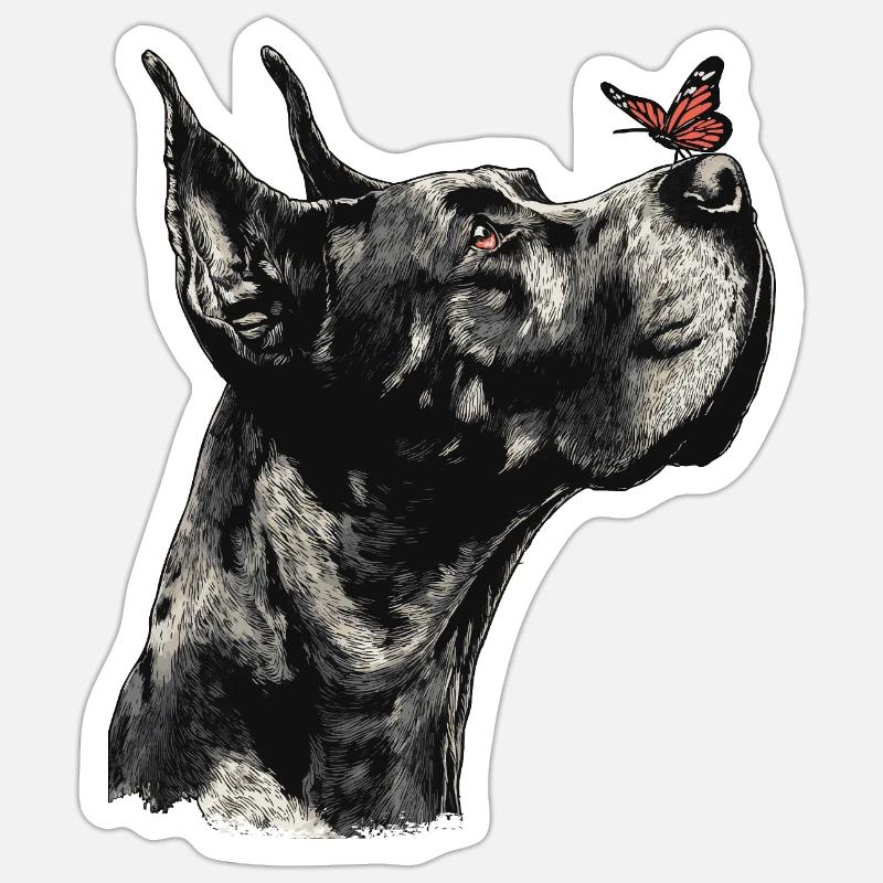 Dogue allemand avec papillon rouge - Sticker taille S (10 x 10 cm) - blanc mat