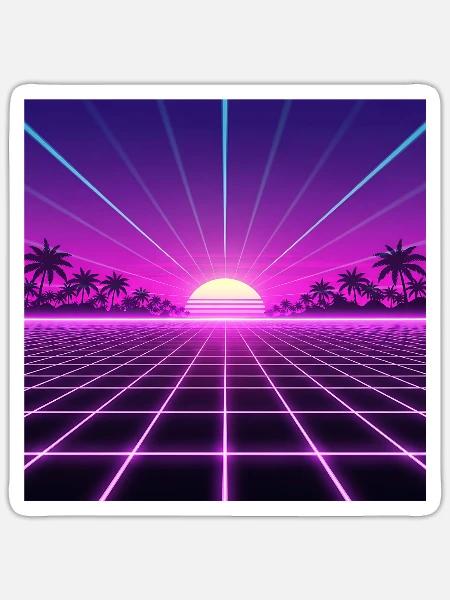 Sonnenuntergang Neon Retrogrid back to 90s - Sticker Größe S (10 x 10 cm) - Mattweiß