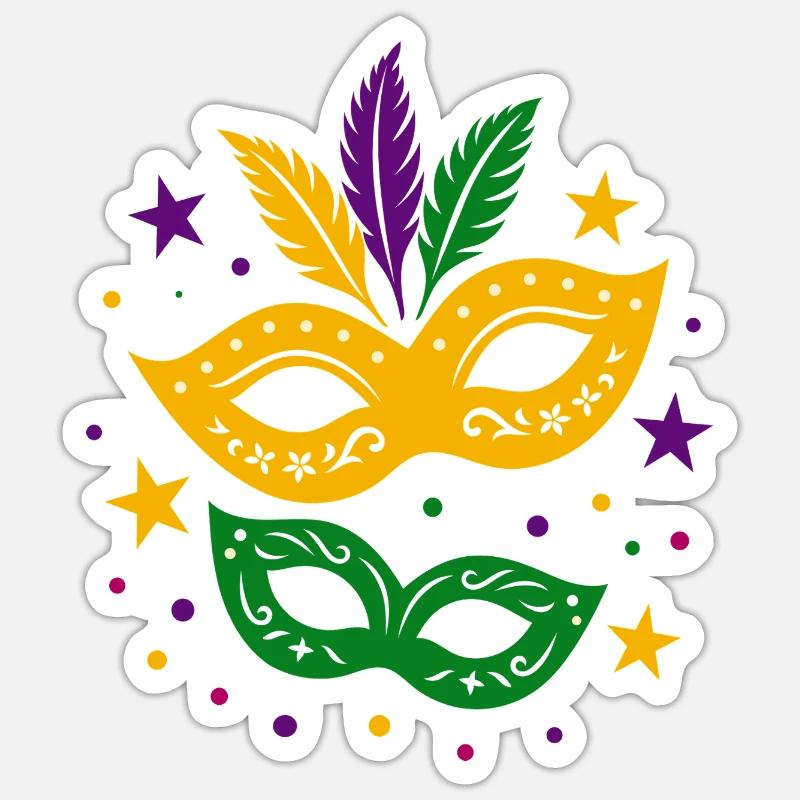 Karneval Masken mit Sternen & bunten Federn - Sticker Größe S (10 x 10 cm) - Mattweiß