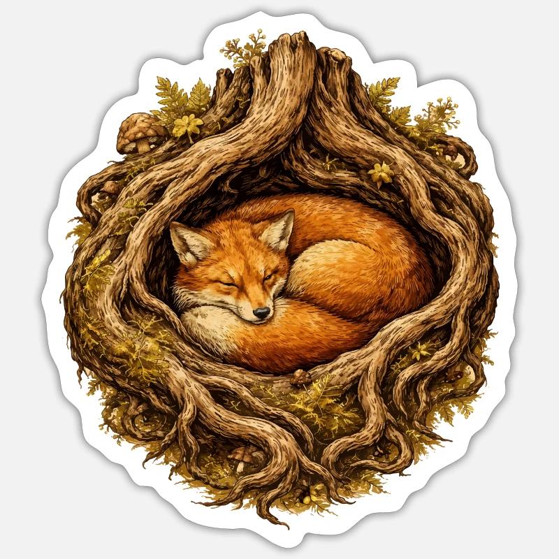 Sleeping fox in the root structure – forest motif Sticker size S (10 x 10 cm)