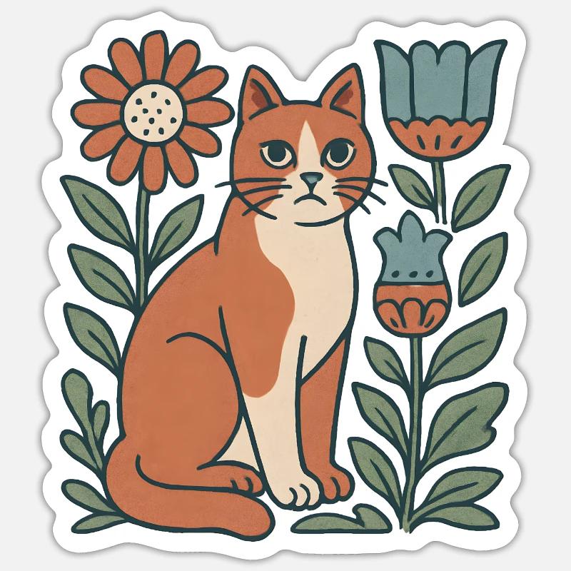 Chat Jardin Fleurs Ami Chat - Sticker taille S (10 x 10 cm) - blanc mat