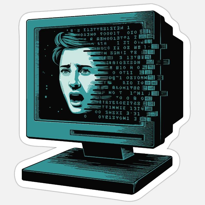 Retro-Computer Schrecken-  Retroglitch KI - Sticker Größe S (10 x 10 cm) - Mattweiß