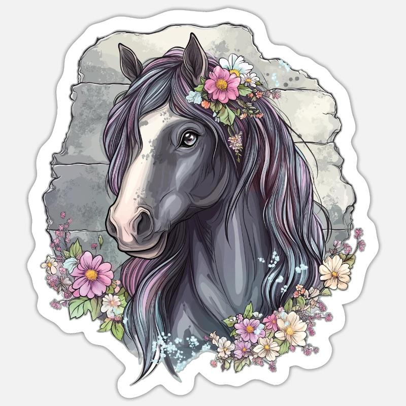 Cheval aux fleurs - Sticker taille S (10 x 10 cm) - blanc mat