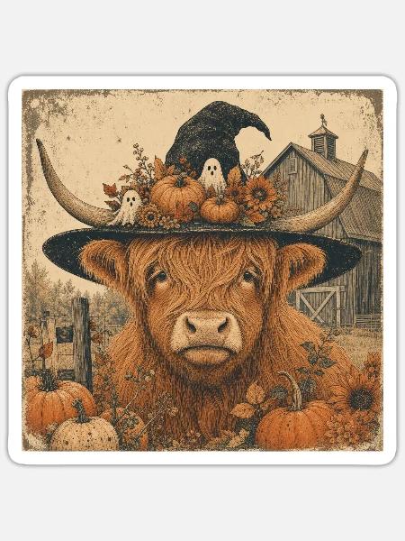 Schottisches Rind Halloween Hoodie Vintage Cow - Sticker Größe S (10 x 10 cm) - Mattweiß