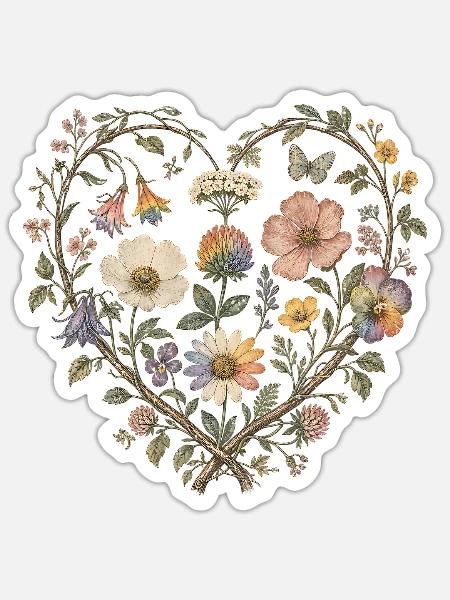 Wildblumen Herz Hoodie Shirt Cottagecore Vintage - Sticker Größe S (10 x 10 cm) - Mattweiß