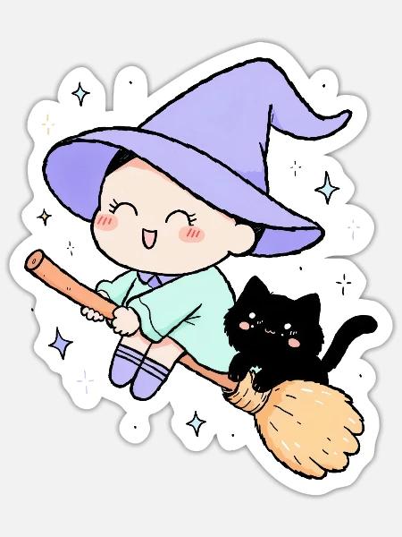 Kleine Hexe mit Katze - Sticker Größe S (10 x 10 cm) - Mattweiß