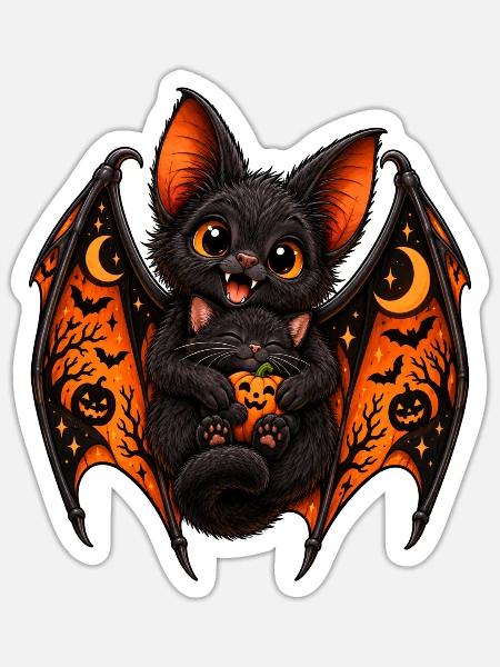 Süße Fledermaus & schwarze Katze – Halloween - Sticker Größe S (10 x 10 cm) - Mattweiß