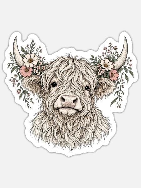 Highland Kuh mit Blumenkrone - Sticker Größe S (10 x 10 cm) - Mattweiß