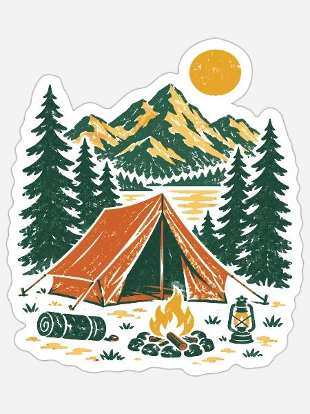 Camping im Bergwald am See - Sticker Größe S (10 x 10 cm) - Mattweiß