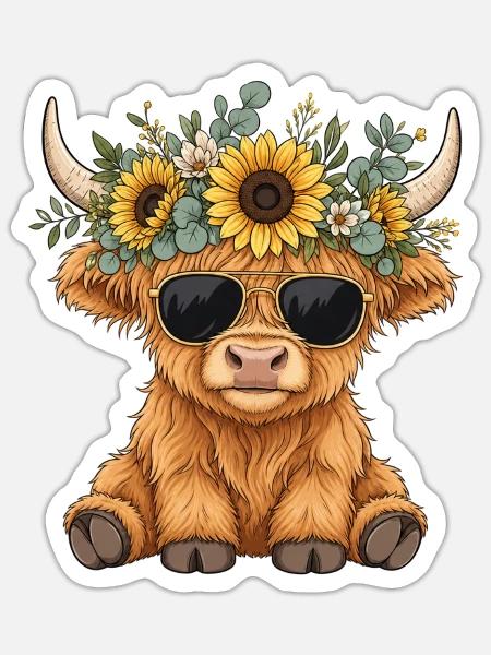 Hippie Highland Kuh mit Sonnenblumen - Sticker Größe S (10 x 10 cm) - Mattweiß